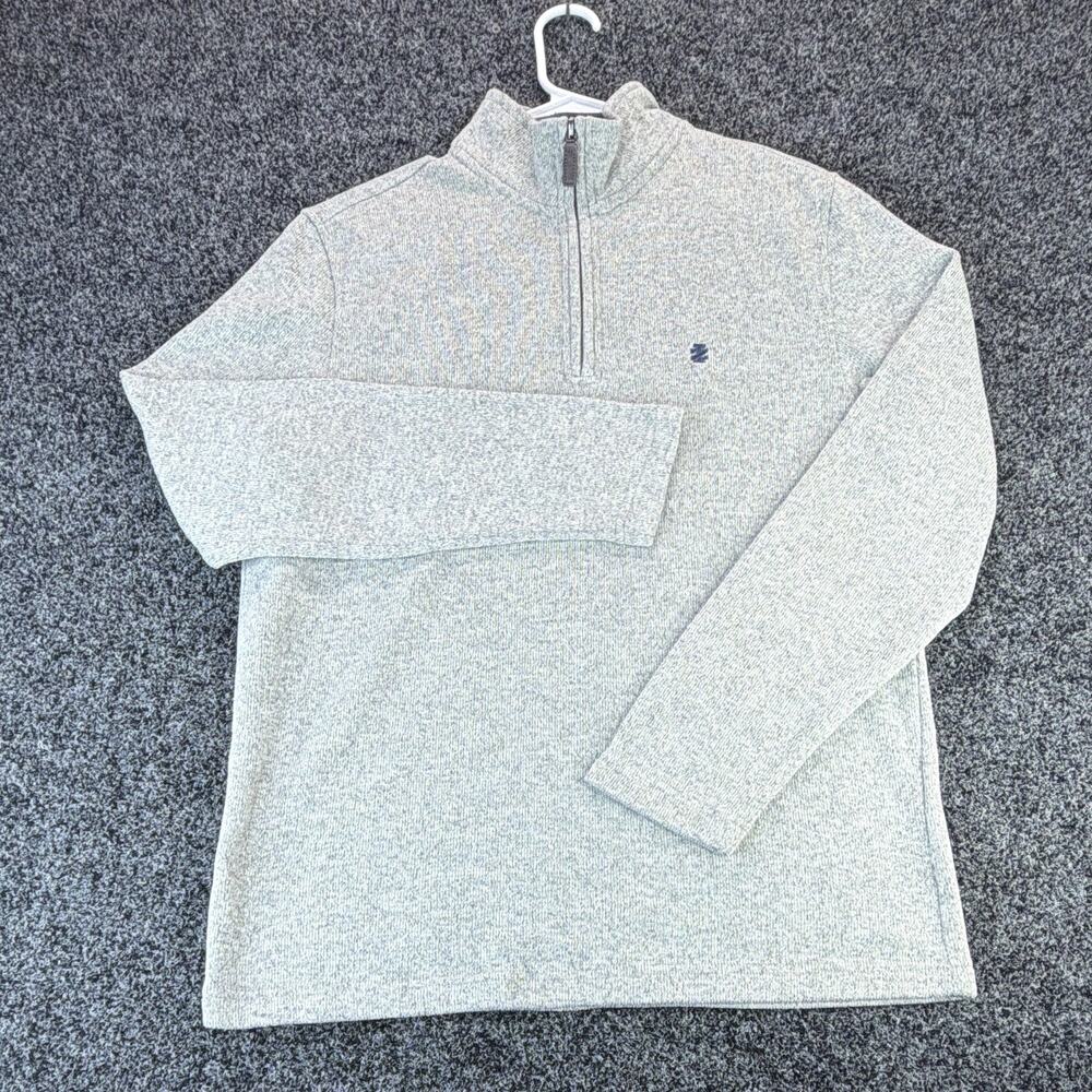 IZOD Mens M Gray 1/4 Quarter Zip Mock Neck Knit Polyester Sweater Logo 45GK150